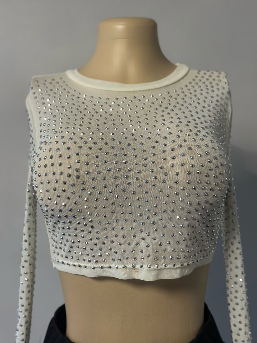 Rhinestone-Embellished White Long-Sleeve Crop Top